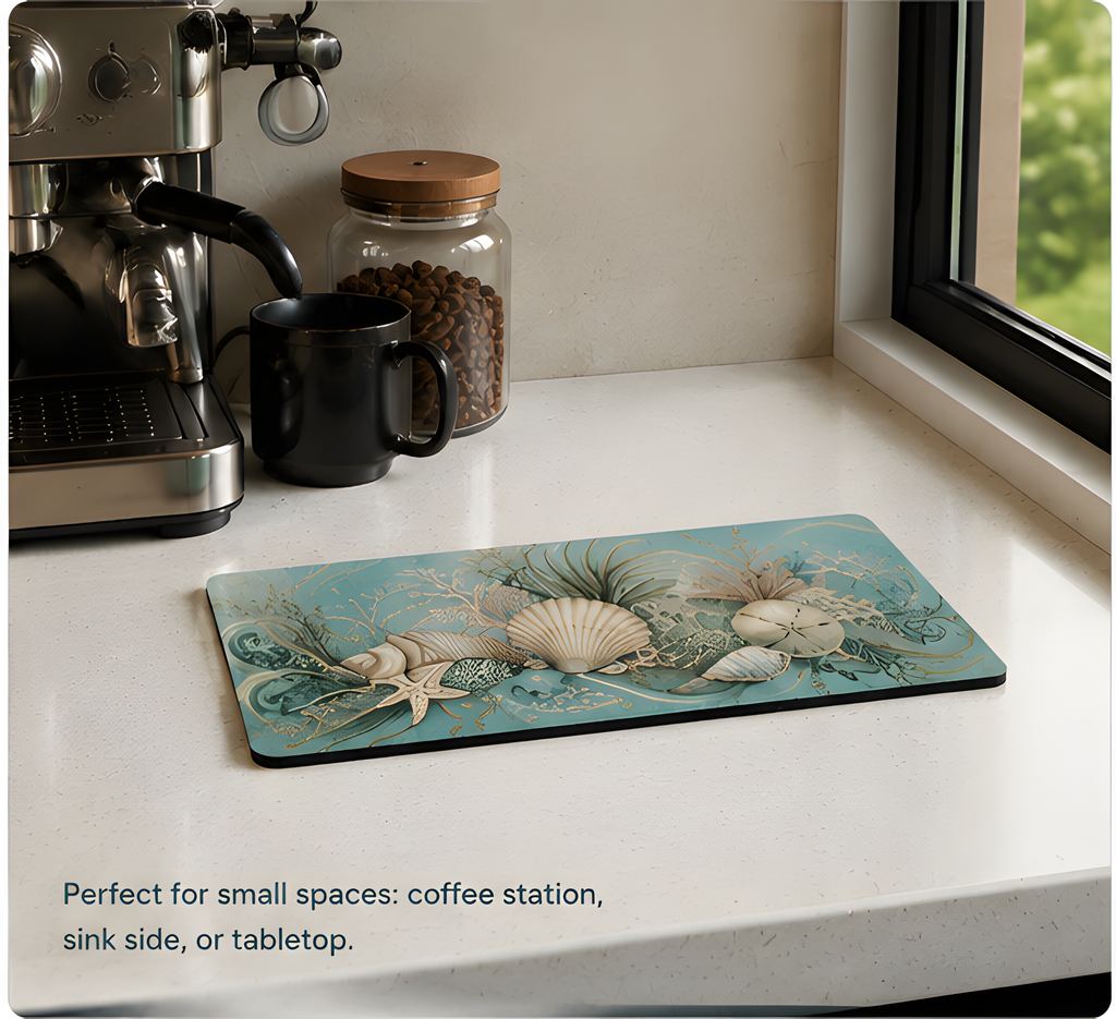 Coastal Shell 4 x 8 inch diatomite countertop mat, product effect view