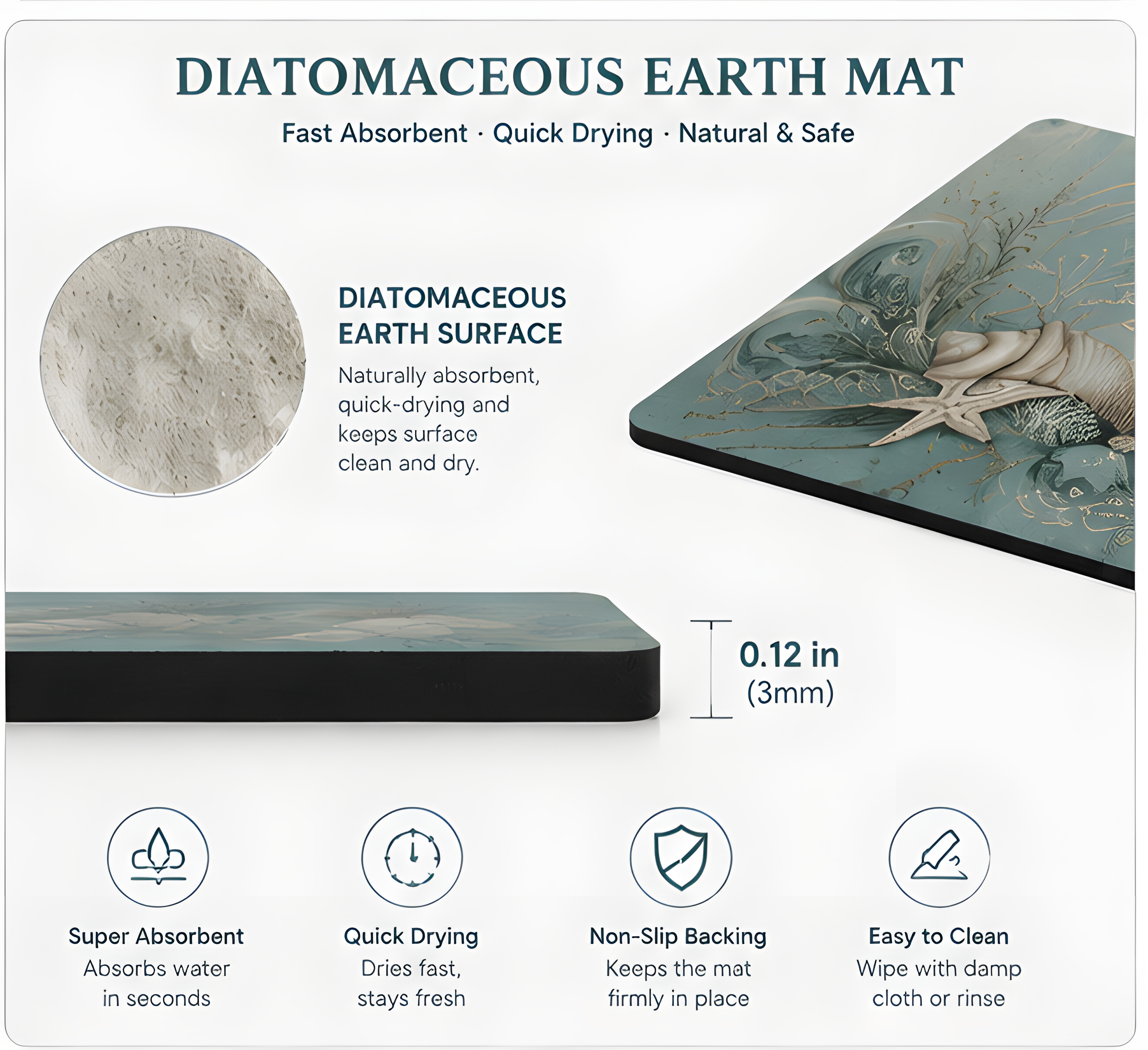 Coastal Shell 4 x 8 inch diatomite countertop mat, surface detail view