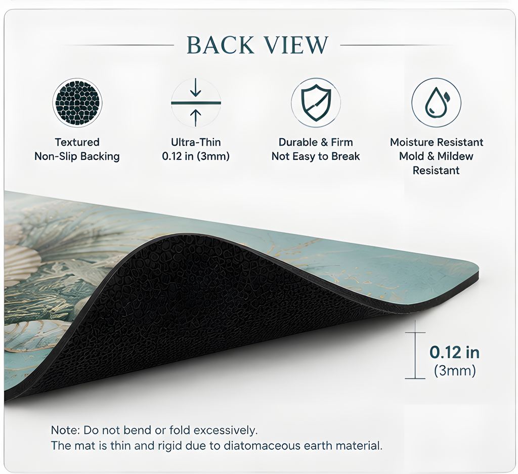 Coastal Shell 4 x 8 inch diatomite countertop mat, edge and construction detail view