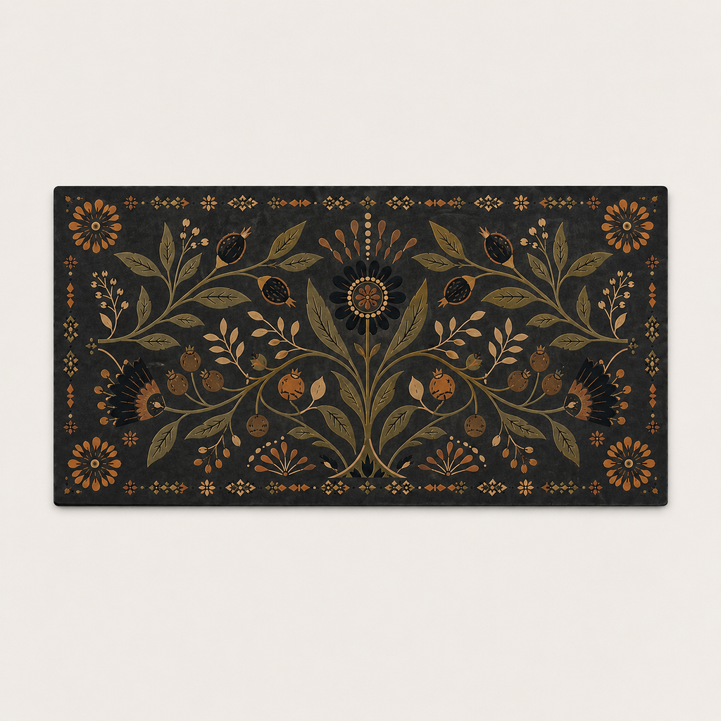 Heritage Black Botanical 4 x 8 inch diatomite countertop mat, 90-degree top product view