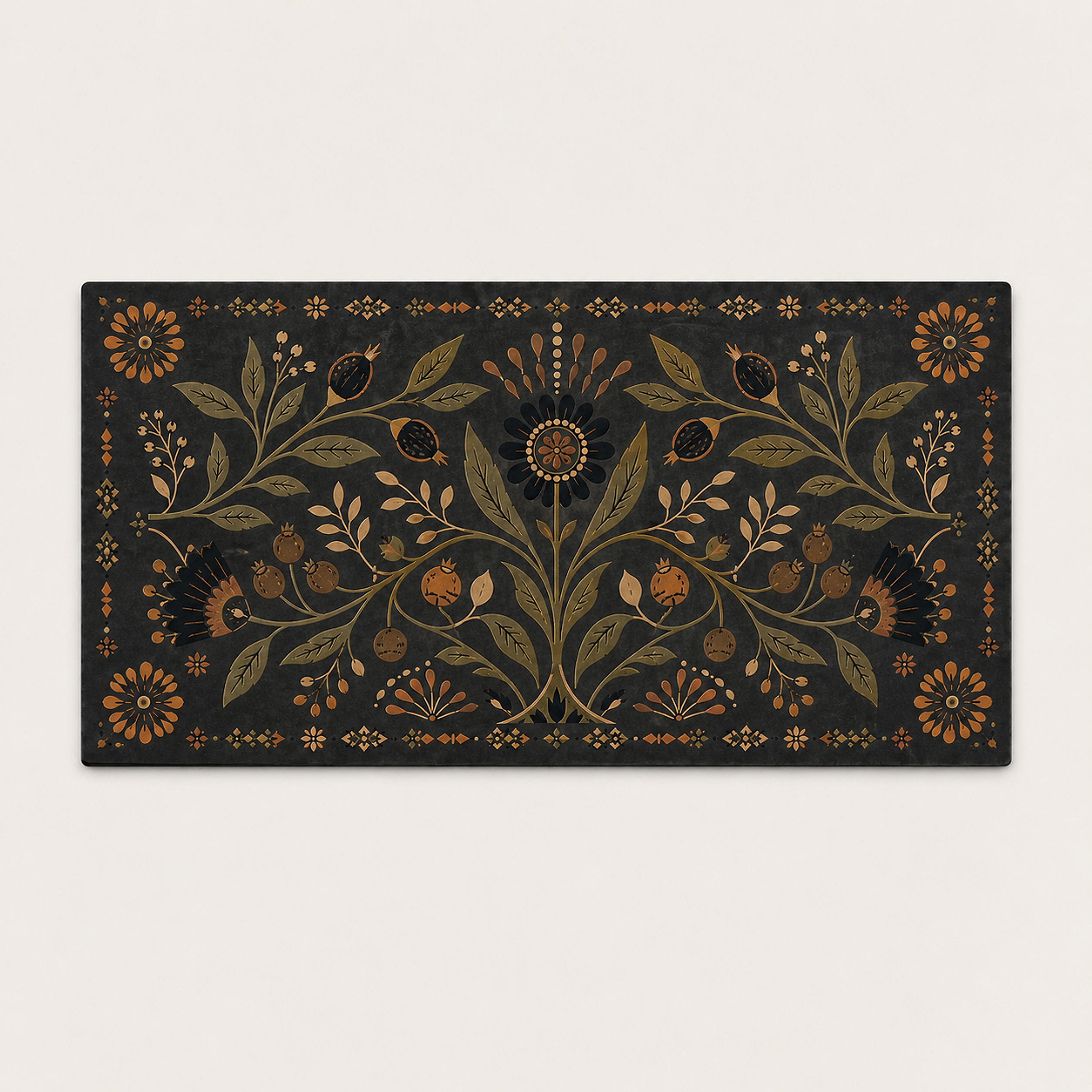 Heritage Black Botanical 4 x 8 inch diatomite countertop mat, 90-degree top product view