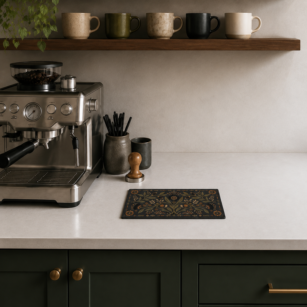 Heritage Black Botanical 4 x 8 inch diatomite countertop mat, product effect view