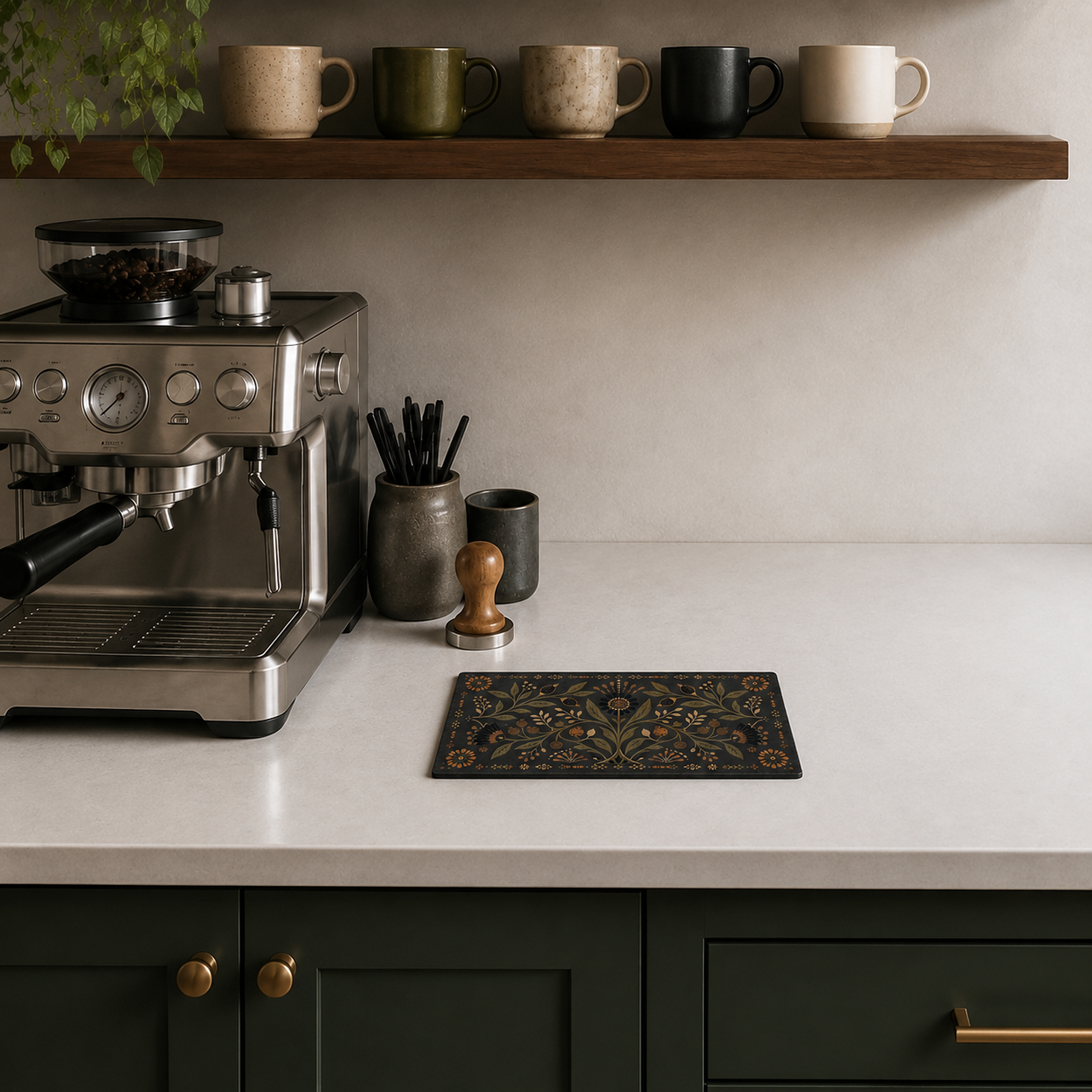 Heritage Black Botanical 4 x 8 inch diatomite countertop mat, product effect view