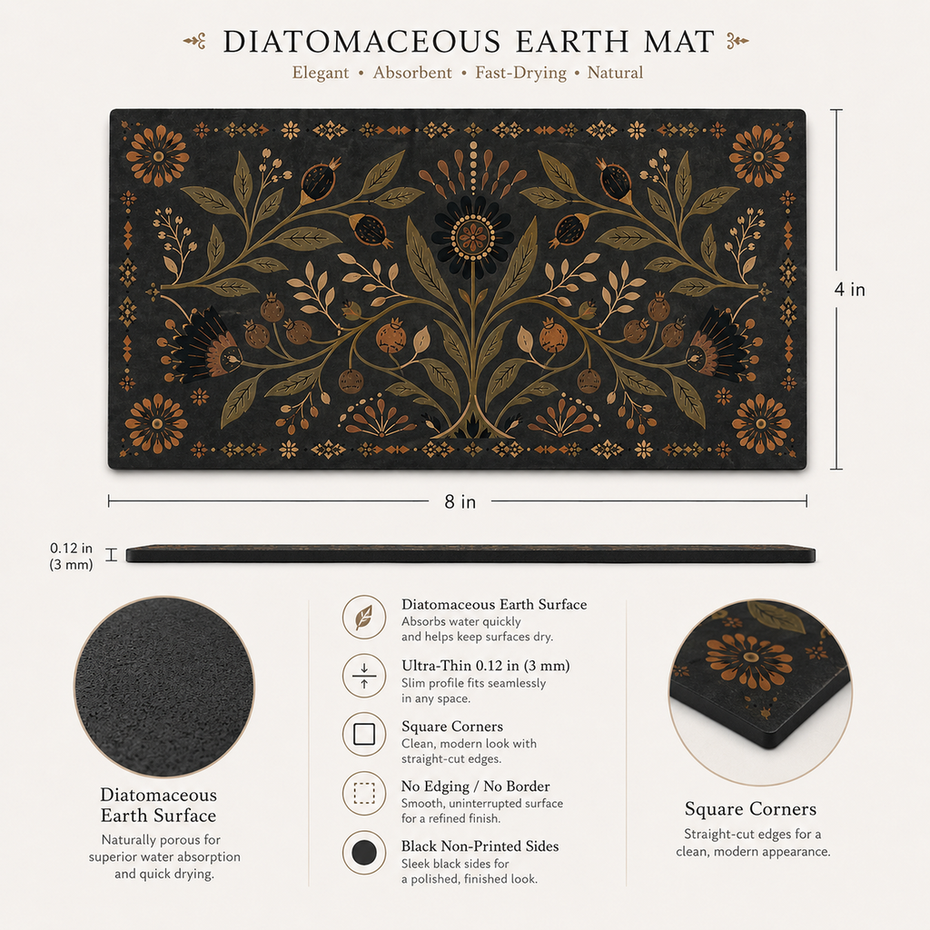 Heritage Black Botanical 4 x 8 inch diatomite countertop mat, size and dimensions guide