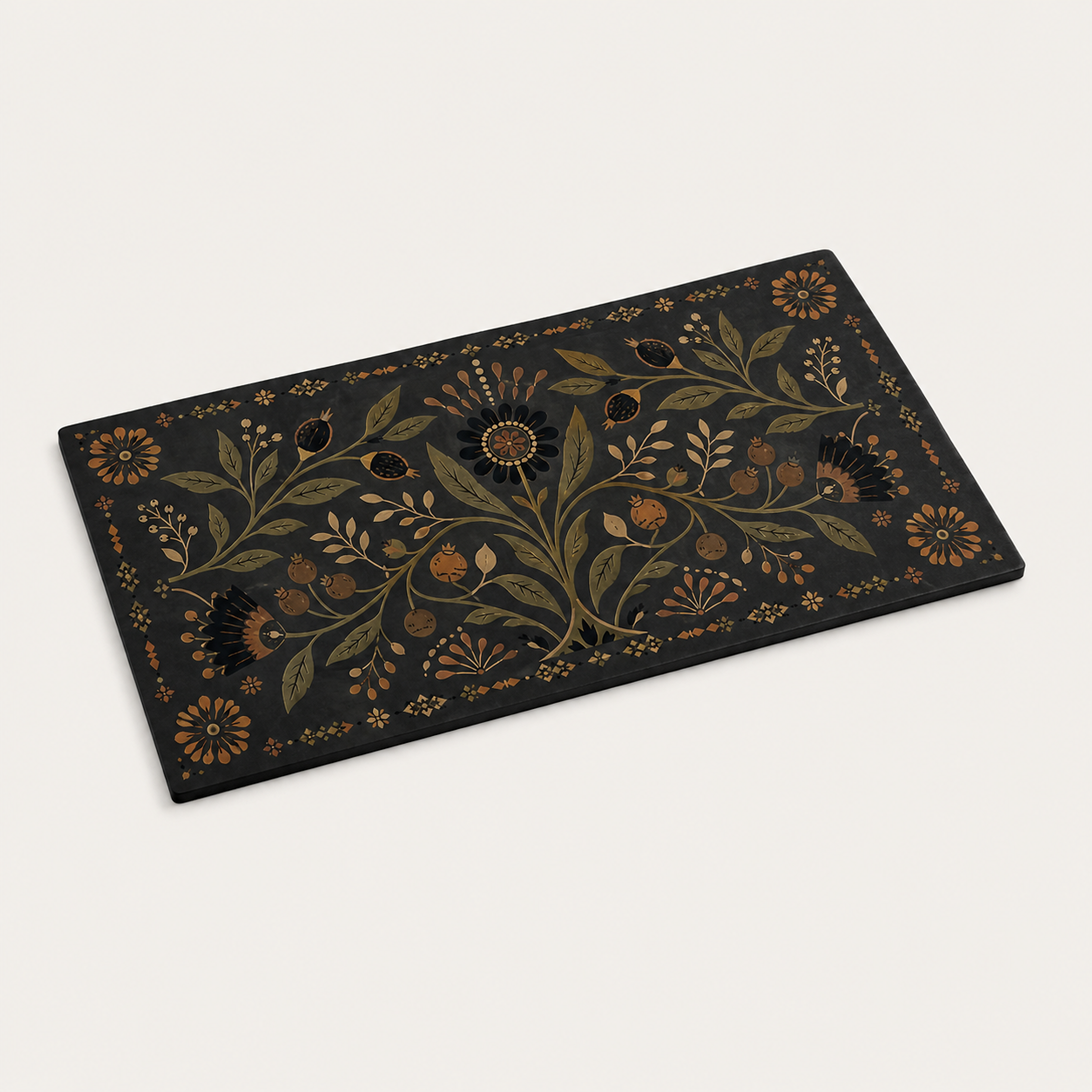 Heritage Black Botanical 4 x 8 inch diatomite countertop mat, surface detail view
