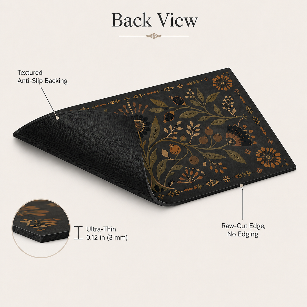 Heritage Black Botanical 4 x 8 inch diatomite countertop mat, edge and construction detail view