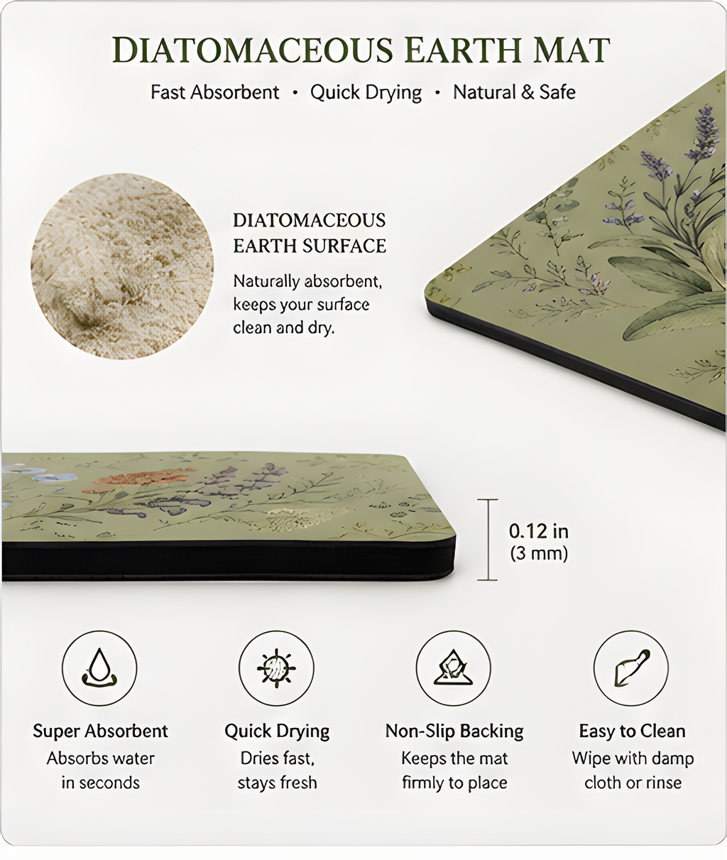 Cottage Herbarium 4 x 8 inch diatomite countertop mat, surface detail view