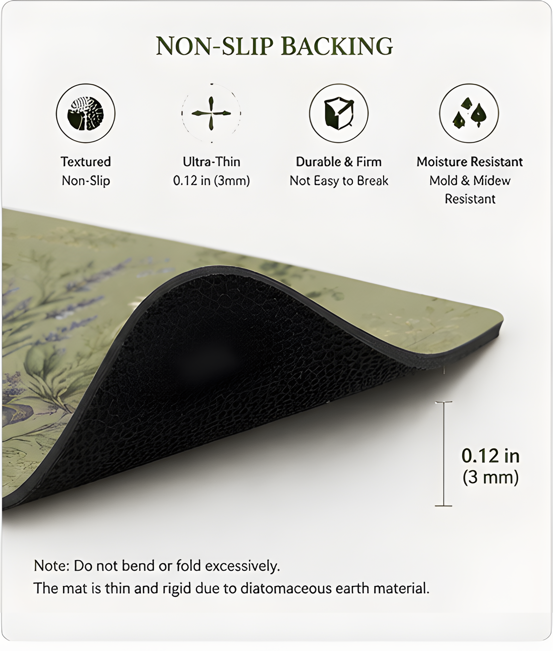 Cottage Herbarium 4 x 8 inch diatomite countertop mat, edge and construction detail view