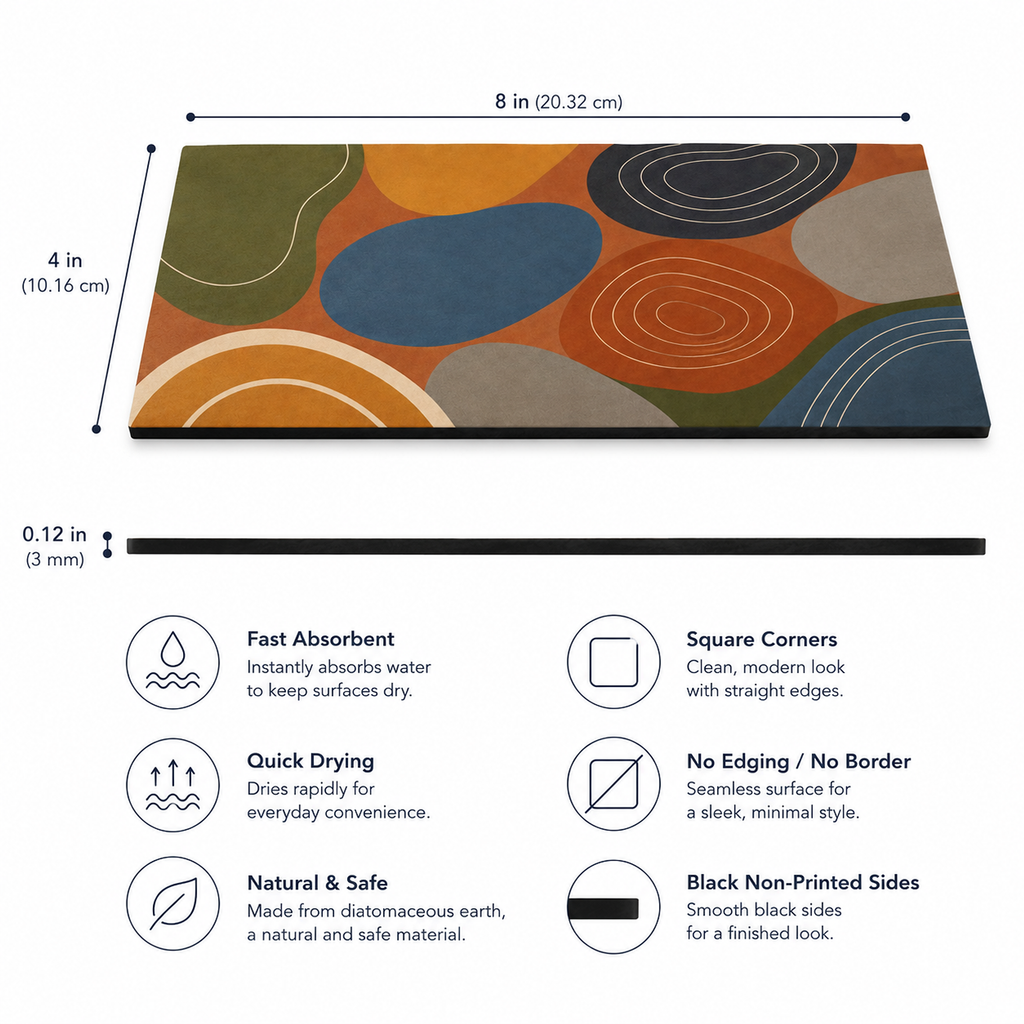 Modern Pebble 4 x 8 inch diatomite countertop mat, size and dimensions guide