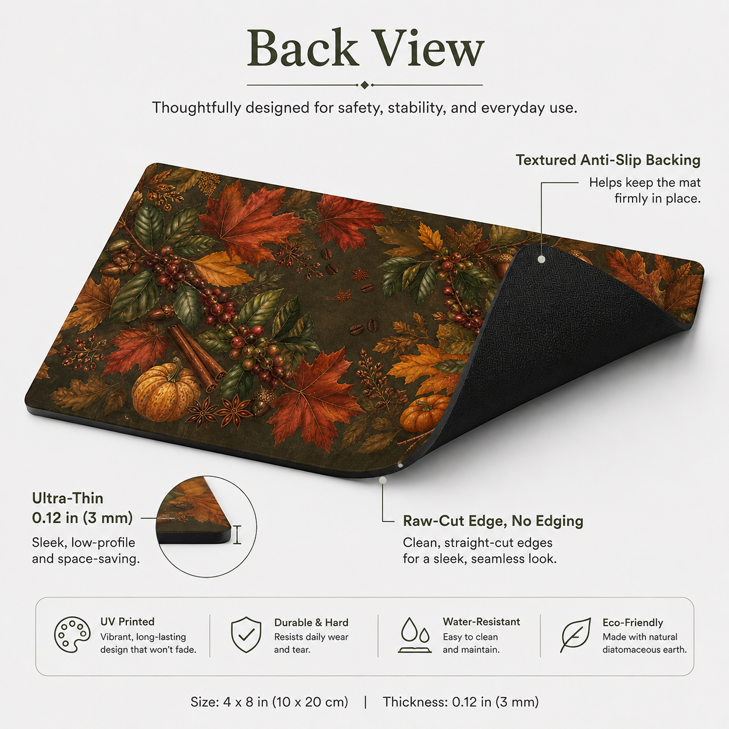 Harvest Garden 4 x 8 inch diatomite countertop mat, edge and construction detail view