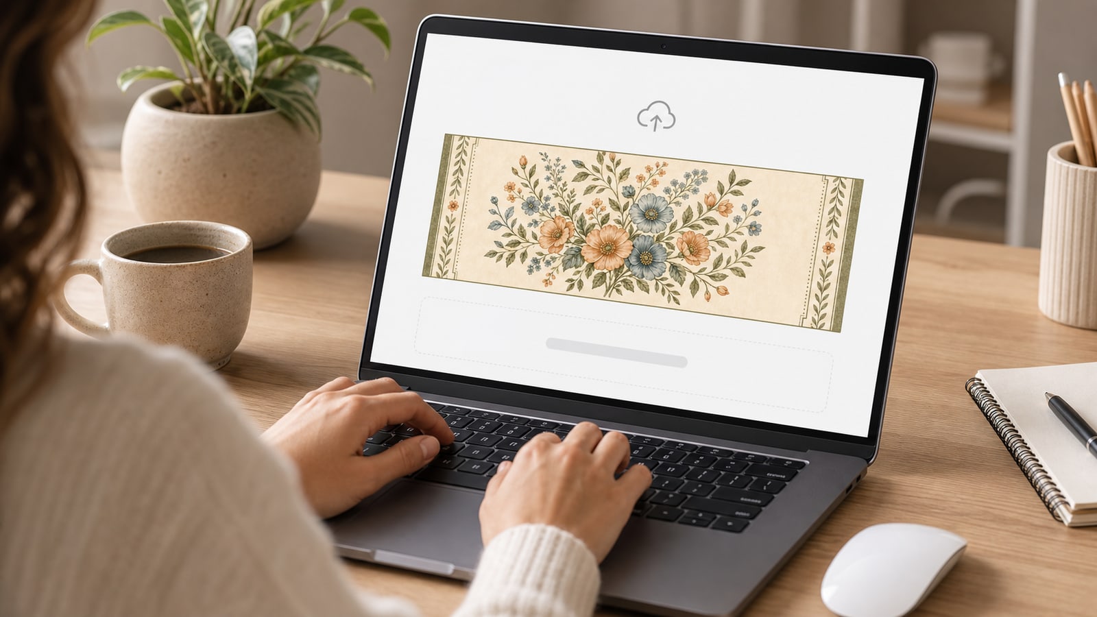 Customer uploading a floral artwork file on a laptop