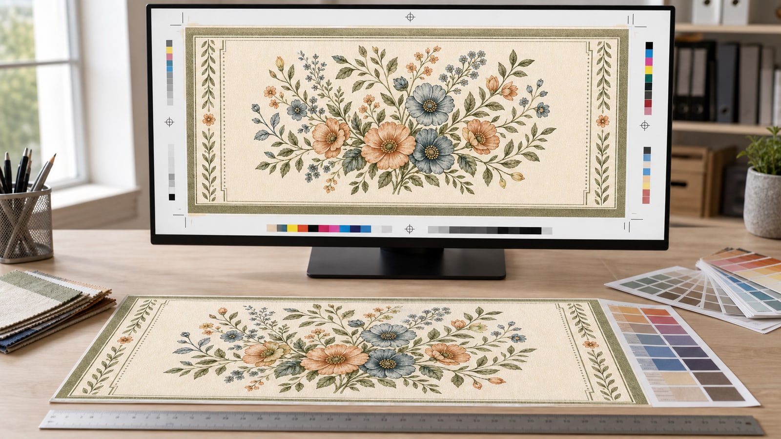 Floral runner artwork being prepared to the exact print ratio