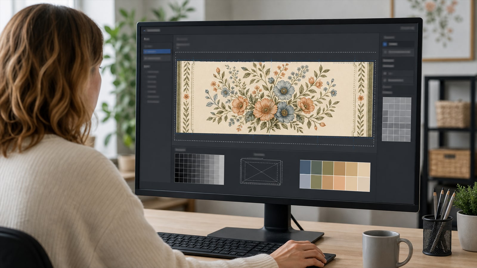 Team member reviewing the received floral artwork on a monitor