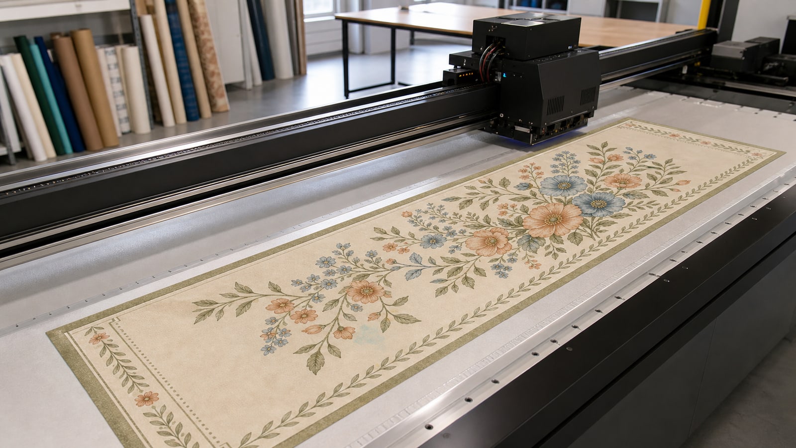 Long flannel runner being printed for a made-to-order rug