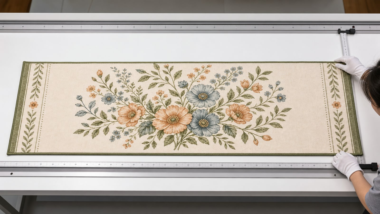 Finished floral flannel runner being measured and checked