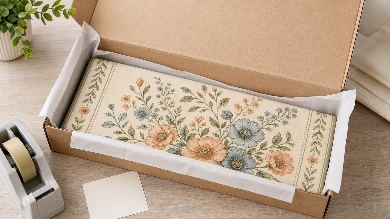 Floral flannel runner folded and protected inside its shipping box